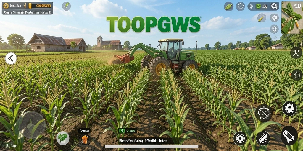 Screenshot gameplay TOOPGWS menunjukkan suasana pertanian yang hidup.